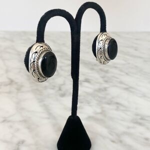 Stunning Black Onyx & Sterling Silver Clip On Earrings Mexico Stamped